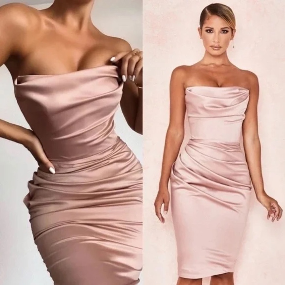 HOUSE OF CB 'Emilia' Blush Satin Strapless Corset Dress - Size S / XS